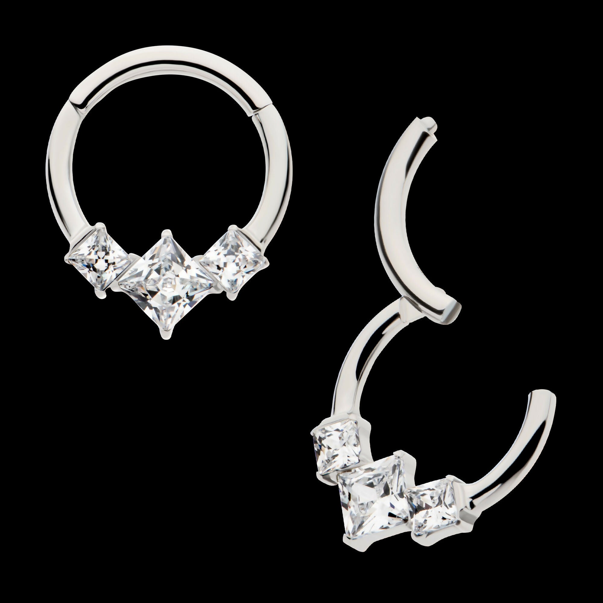 Clustered Prong Set Princess Gem Front Facing Hinged Segment Clicker Hoop Earring / Nosering – Titanium