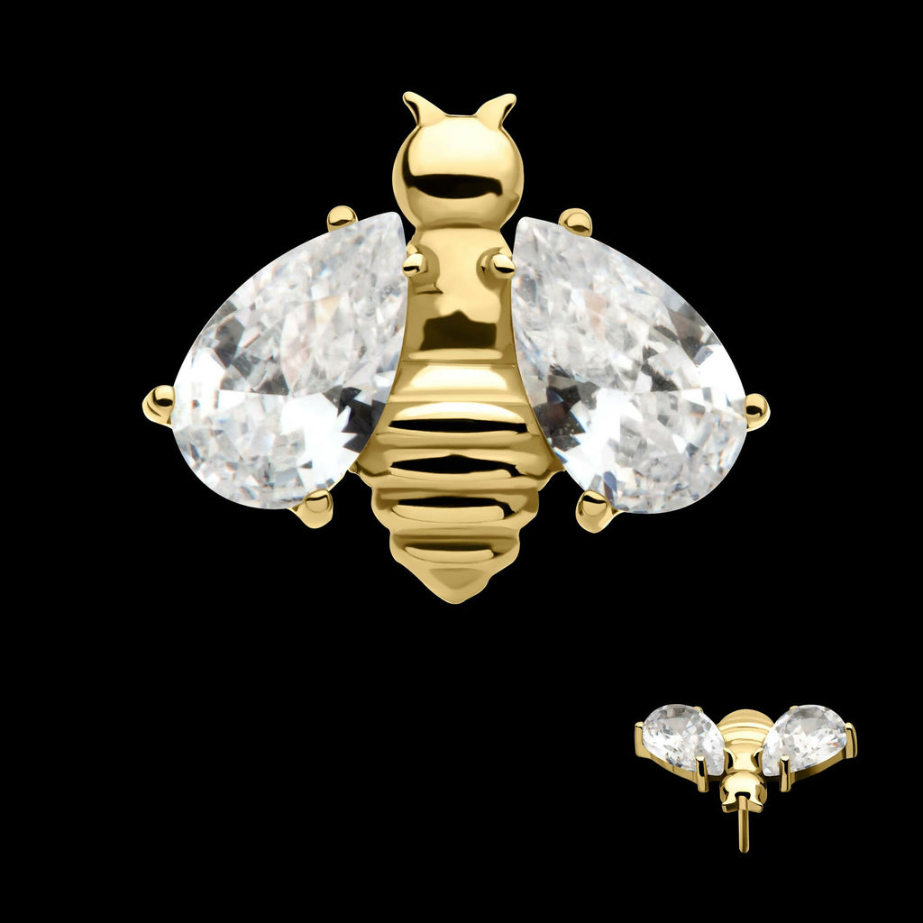 24Kt Gold PVD Titanium Threadless Bee with Prong Set Teardrop Shape CZ Wings Top
