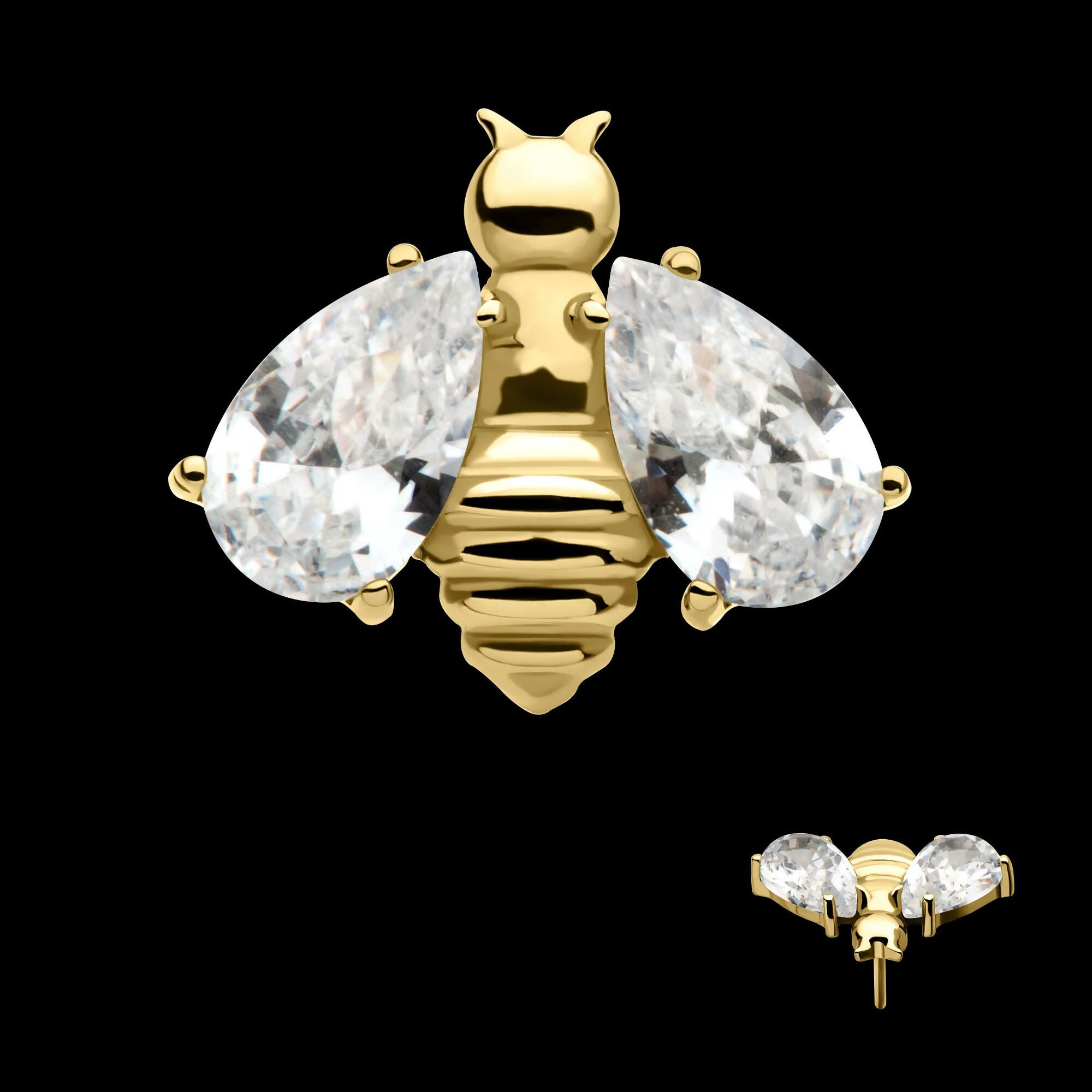 24Kt Gold PVD Titanium Threadless Bee with Prong Set Teardrop Shape CZ Wings Top
