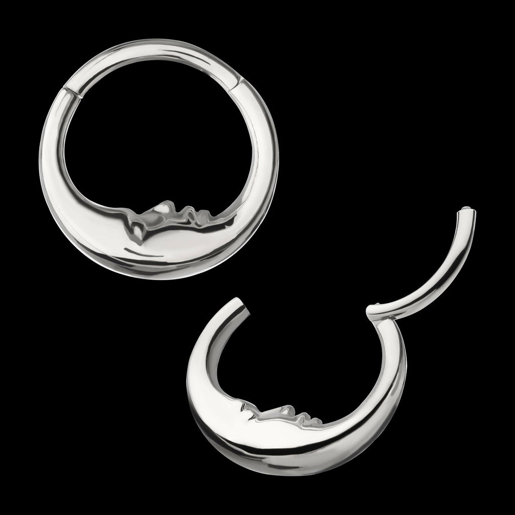 Crescent Moon Face Front Facing Hinged Segment Clicker Hoop Earring / Nosering – Titanium