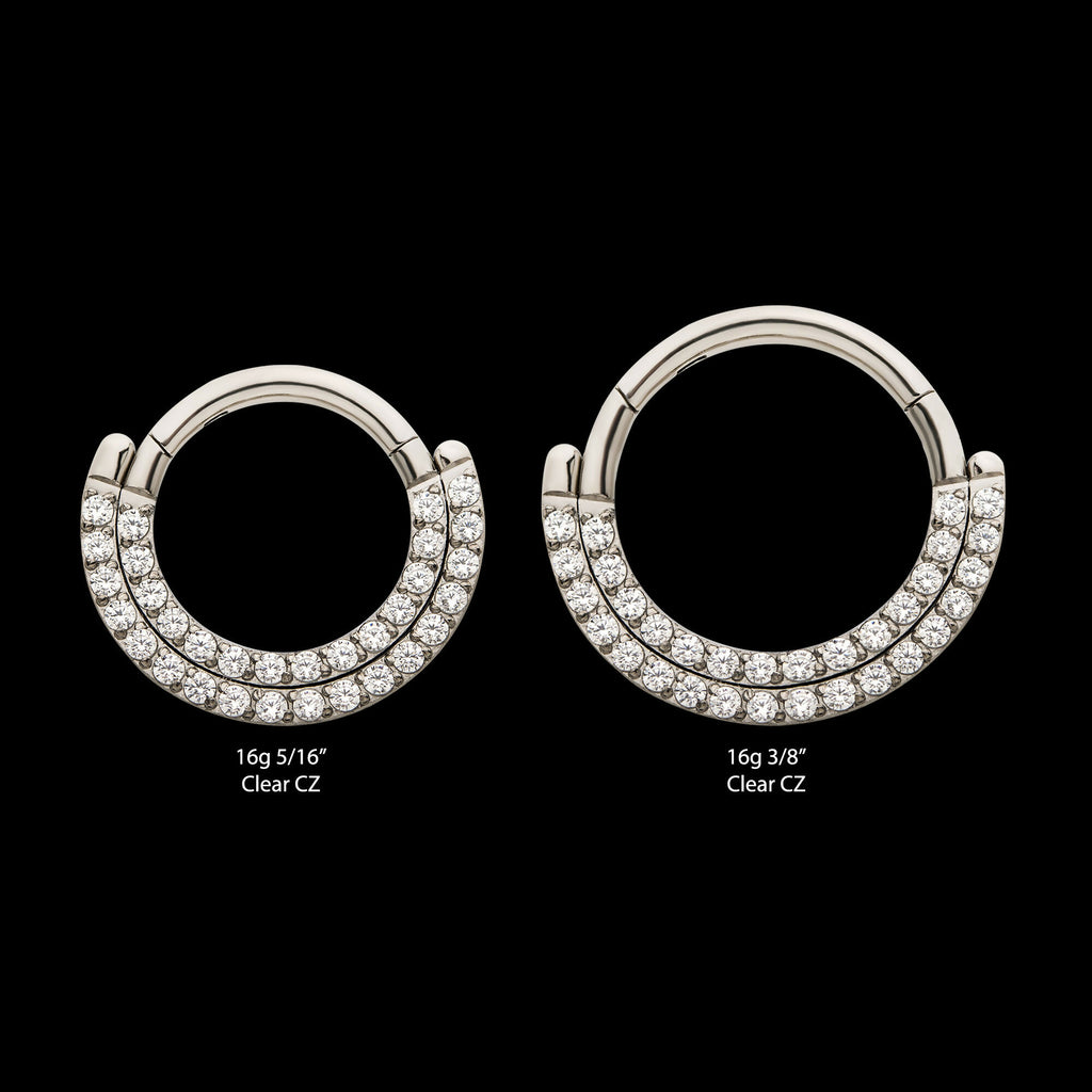 Double Row Prong Set Clear CZ Front Facing Hinged Segment Clicker Hoop Earring / Nosering – Titanium