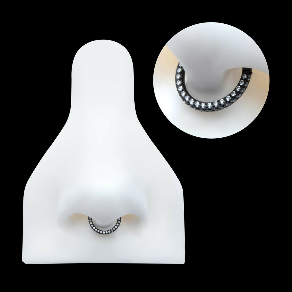 Black PVD Titanium 3 Row Pave Set 0.8mm Round Gem Hinged Segment Clicker Hoop Earring / Nosering