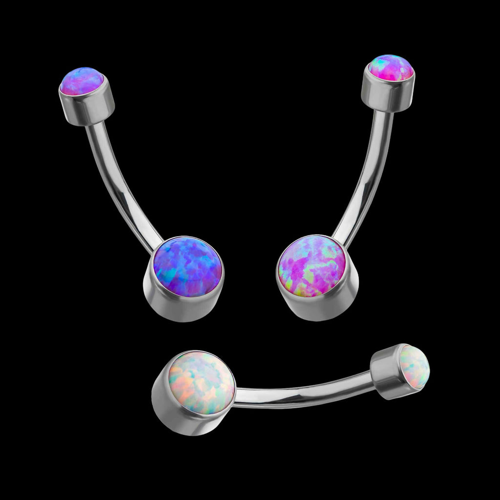 Internally Threaded with Flat Back Round Bezel Set Double Synthetic Opal Navel Curves Earring / Nosering – Titanium