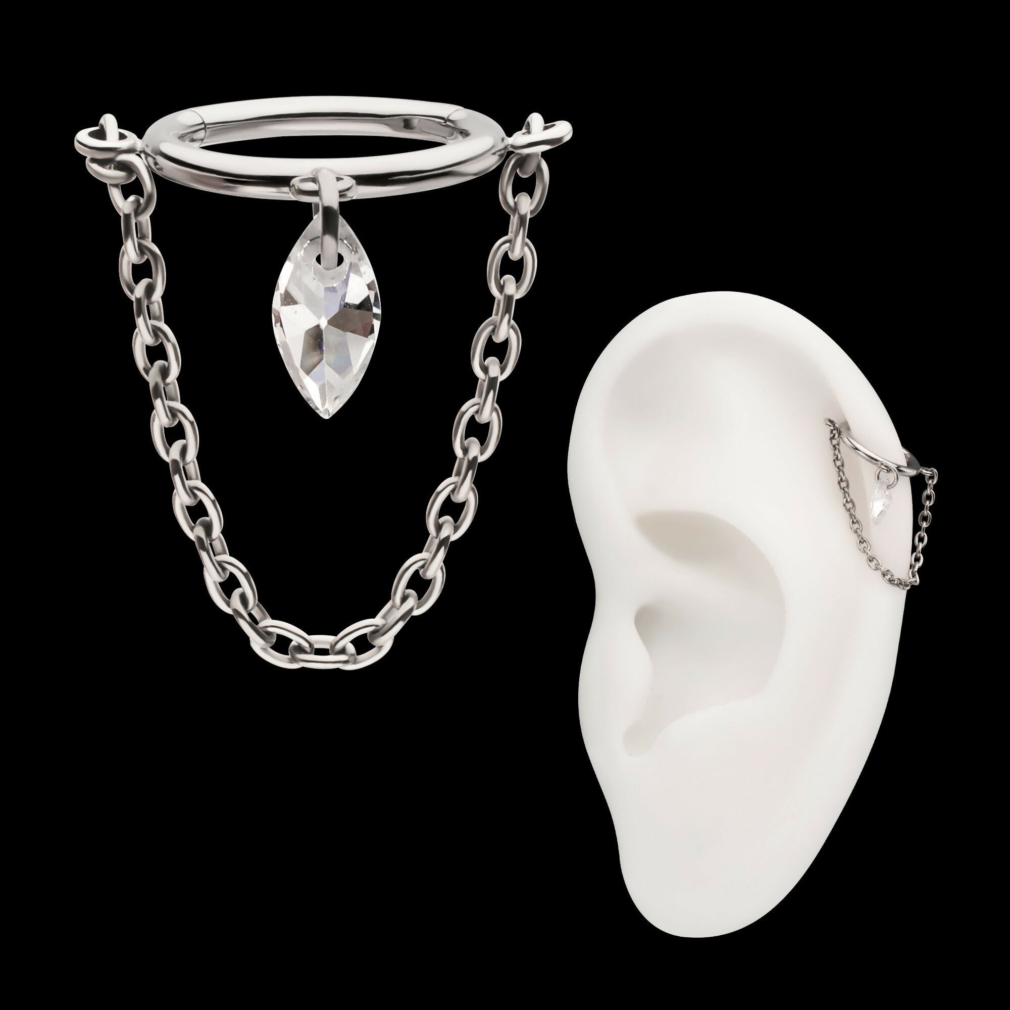 Chain Dangle Hinged Segment Clicker with Floating Marquise CZ Gem Hoop Earring / Nosering – Titanium