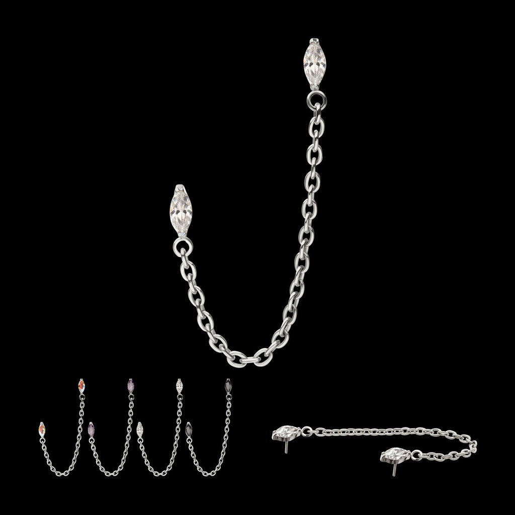 Titanium Threadless Double Prong Set Marquise Gem Top with Rolo Chain Dangle