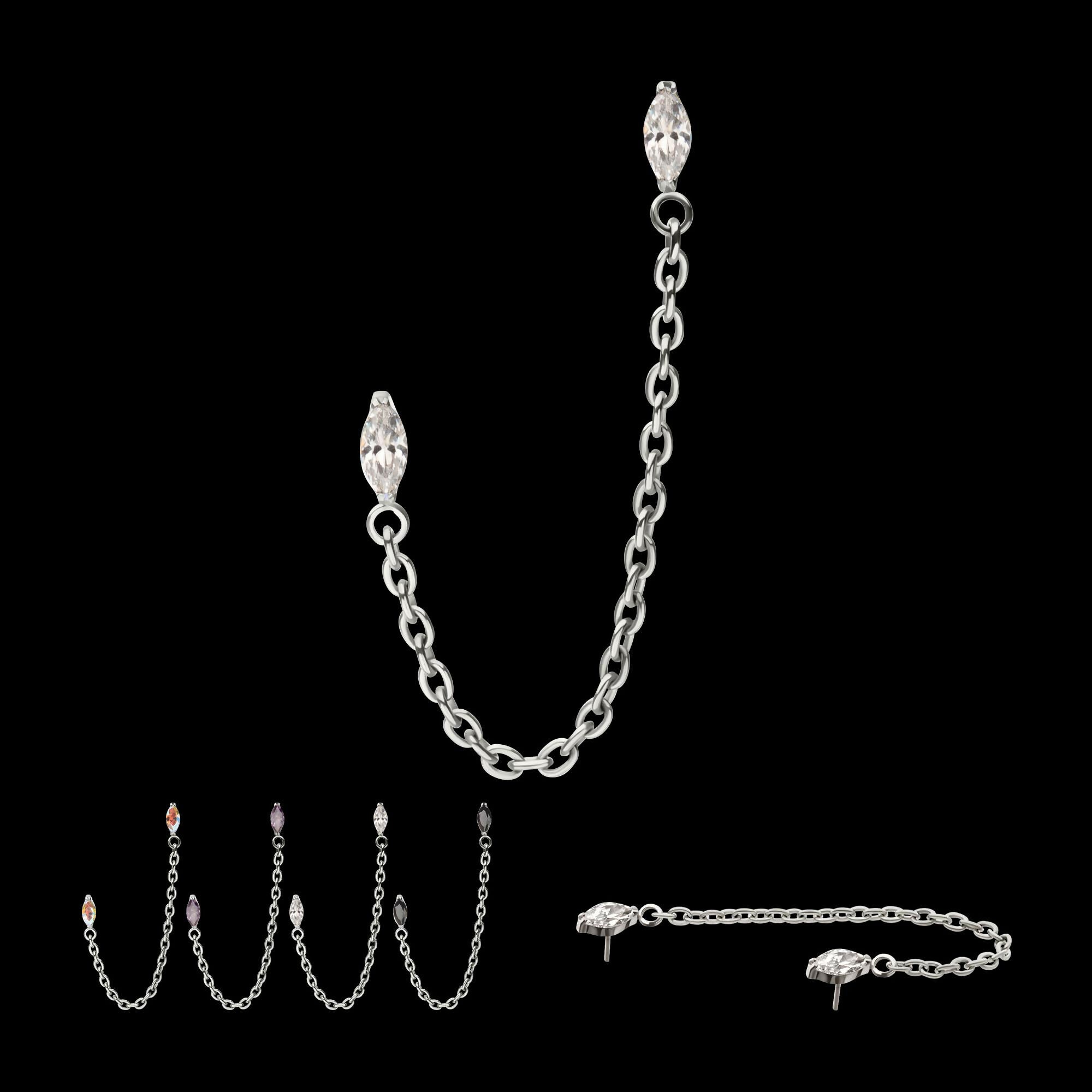 Titanium Threadless Double Prong Set Marquise Gem Top with Rolo Chain Dangle
