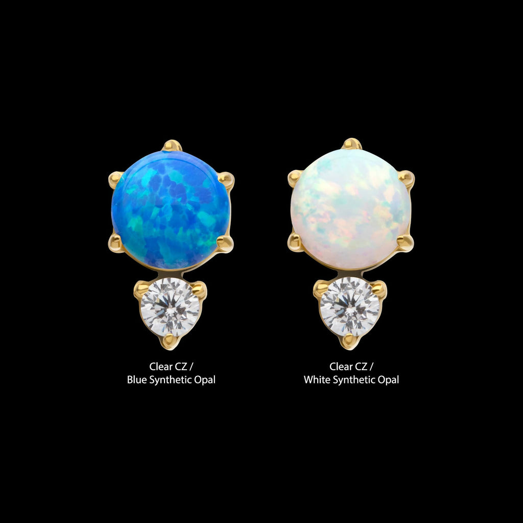24Kt Gold PVD Threadless Prong Set Double Round Gem and Synthetic Opal Top