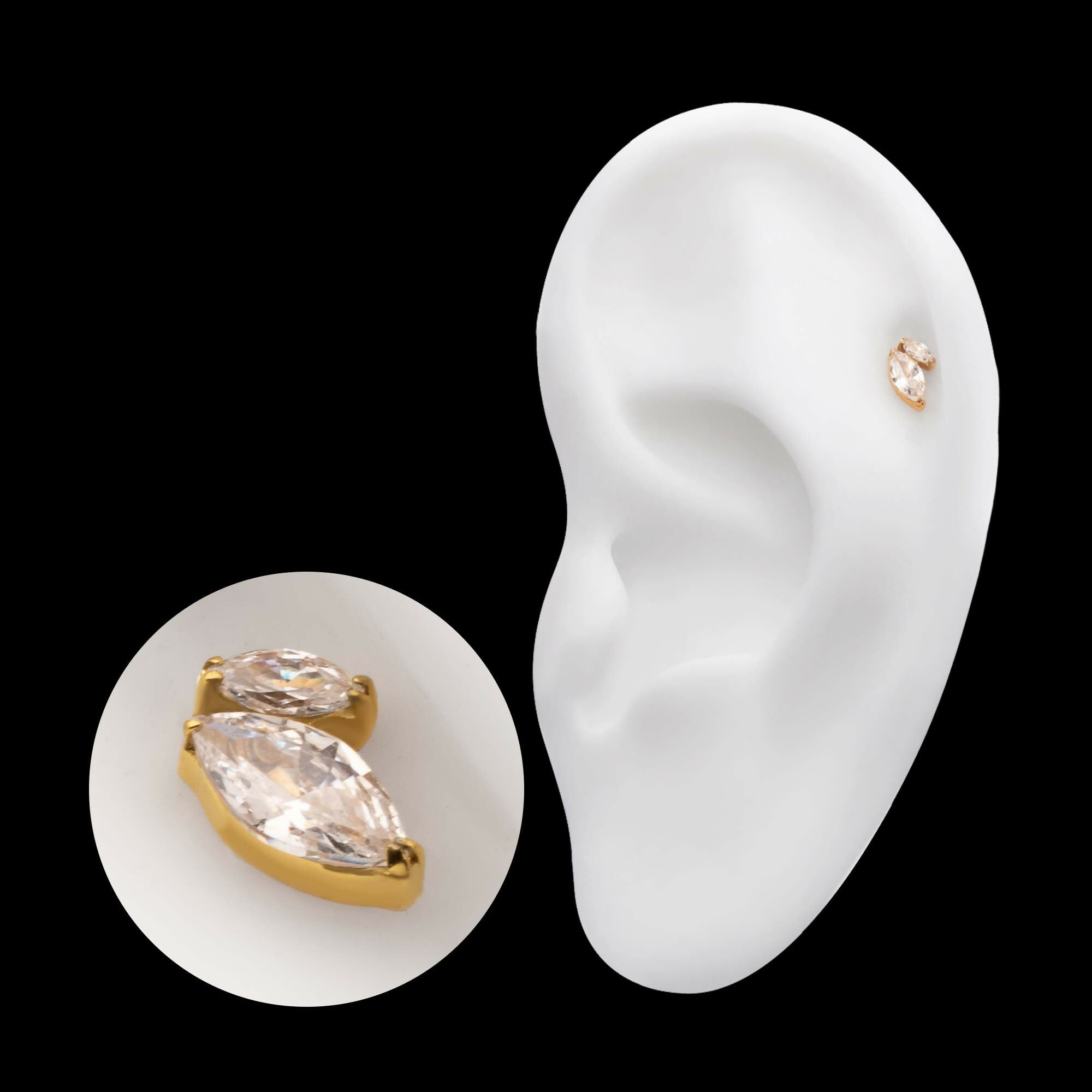 24Kt Gold PVD Titanium Threadless V-Prong Dual Marquise CZ Gem Top