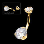 24KT Gold PVD Titanium Internally Threaded Double Prong Set Clear CZ Fixed Bottom Navel Earring / Nosering
