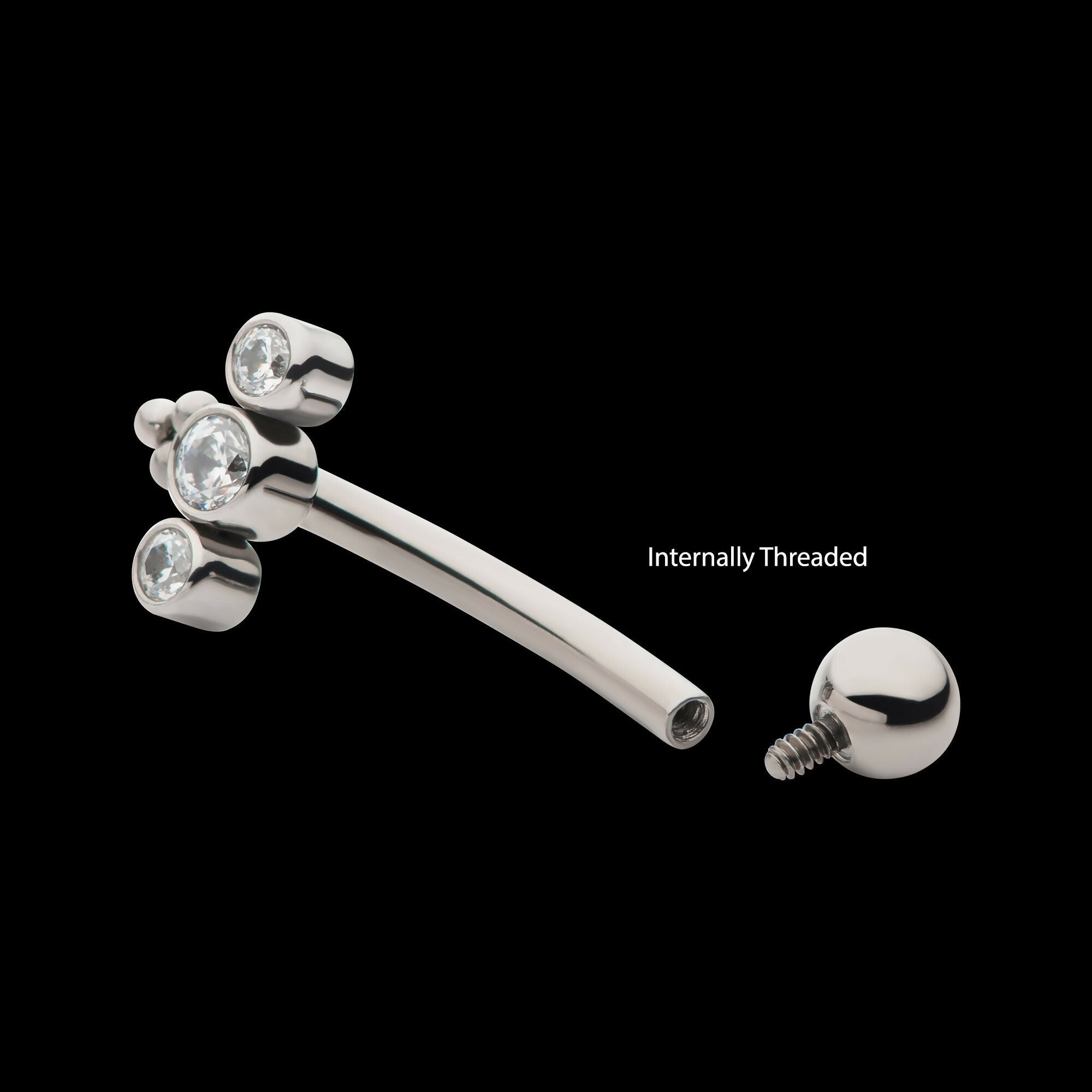 Internally Threaded with Tri Bead & 3-Cluster Bezel Set Clear AAA CZ Fixed Top Curved Barbell Earring / Nosering – Titanium