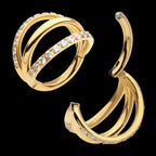 24Kt Gold PVD Titanium Triple Hoop with 1mm CNC Set Round Gem in 2 Alternate Hoops Side Facing Hinged Segment Clicker Earring / Nosering