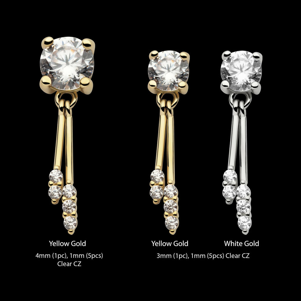 14Kt Gold Threadless Prong Set CZ Top with Gemmed Dangle Double Bar