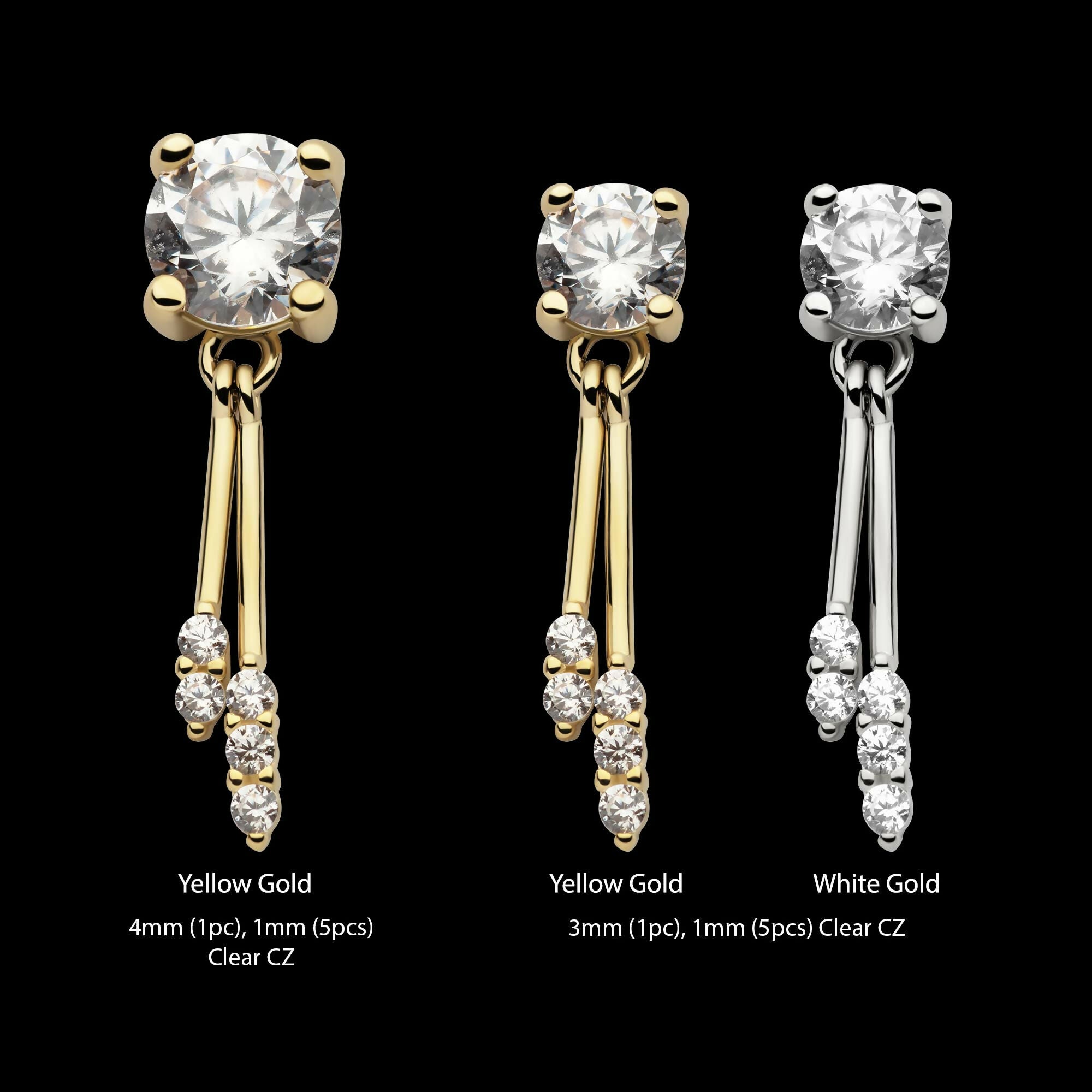 14Kt Gold Threadless Prong Set CZ Top with Gemmed Dangle Double Bar