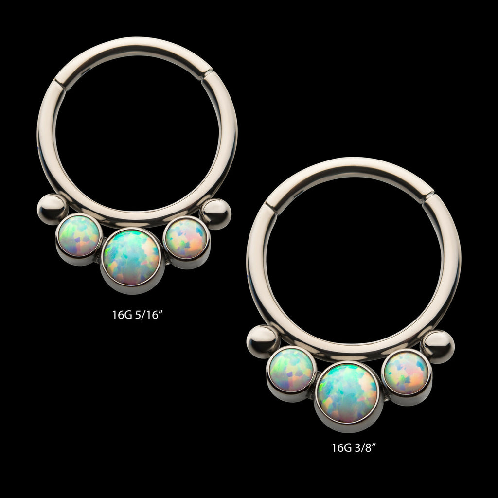 Bezel Set 3 White Synthetic Opal & 2 Beads Front Facing Hinged Segment Clicker Hoop Earring / Nosering – Titanium