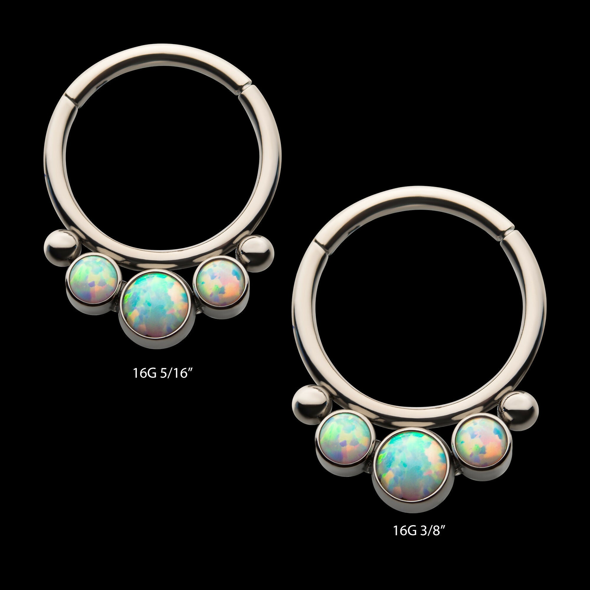 Bezel Set 3 White Synthetic Opal & 2 Beads Front Facing Hinged Segment Clicker Hoop Earring / Nosering – Titanium