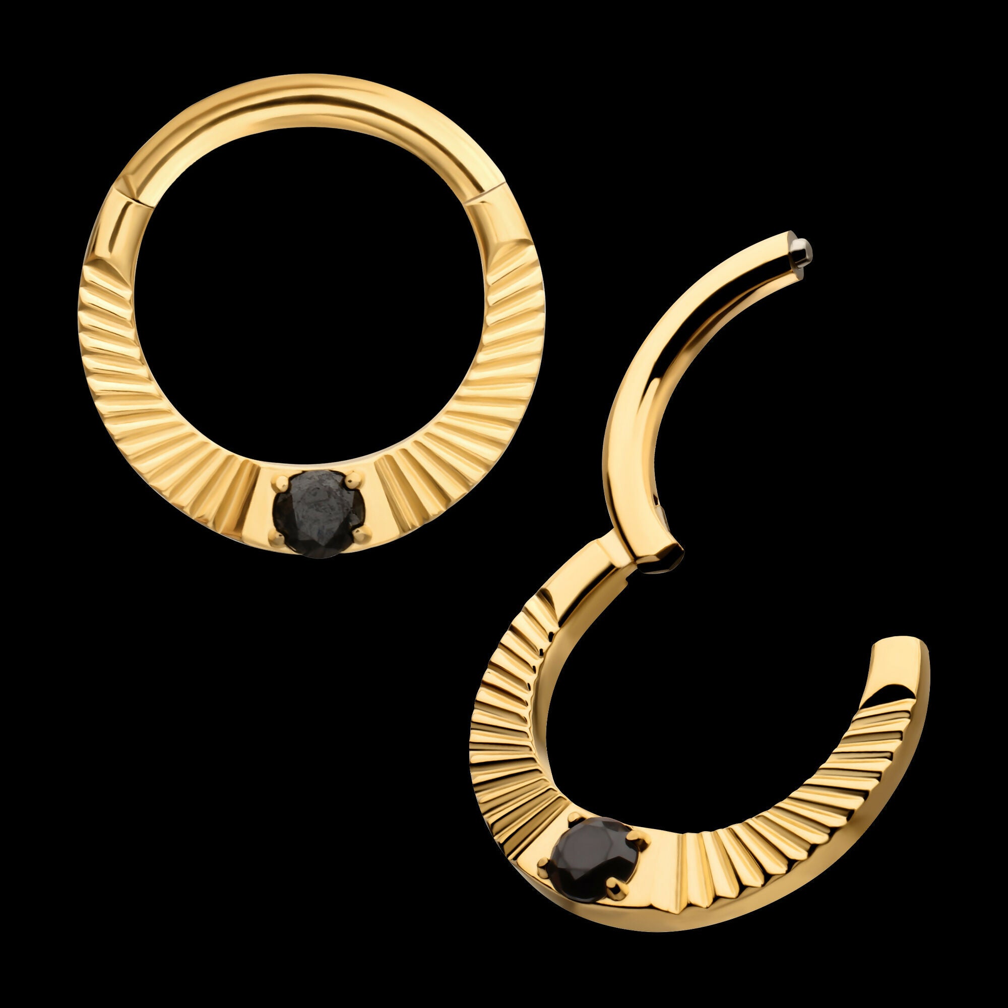 24Kt Gold PVD Titanium Radiant Hoop with Black Prong Set Gem Front Facing Hinged Segment Clicker Earring / Nosering