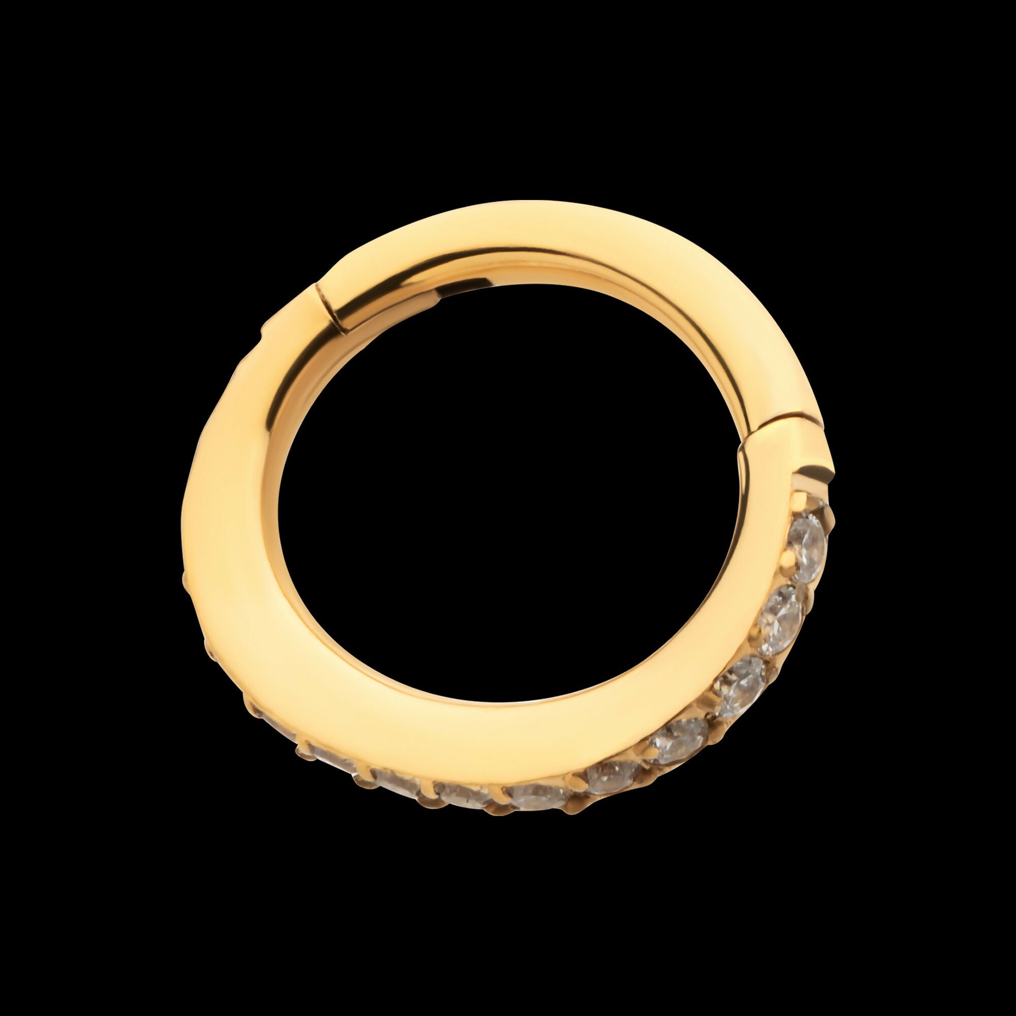16g 24Kt Gold PVD Titanium Oval Shape with CNC Set Full Clear CZ Hinged Segment Clicker (for Rook Piercing) Hoop Earring / Nosering