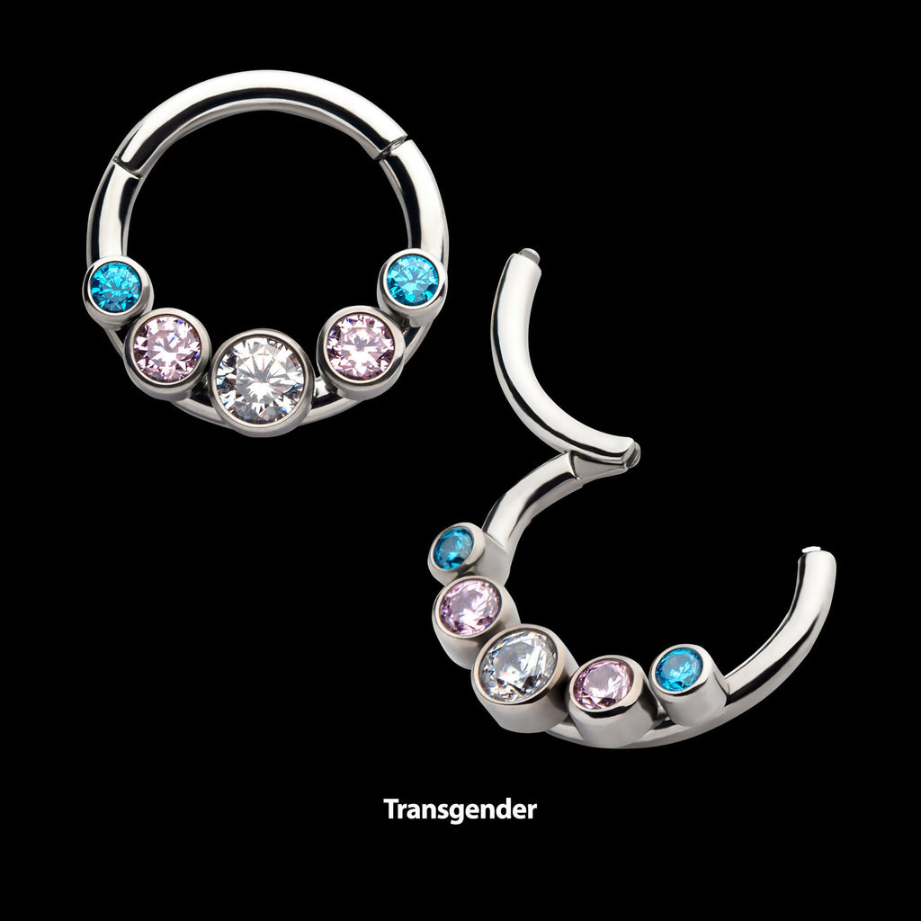 Transgender Bezel Set CZ 5-Cluster Front Facing Hinged Segment Clicker Hoop Earring / Nosering – Titanium