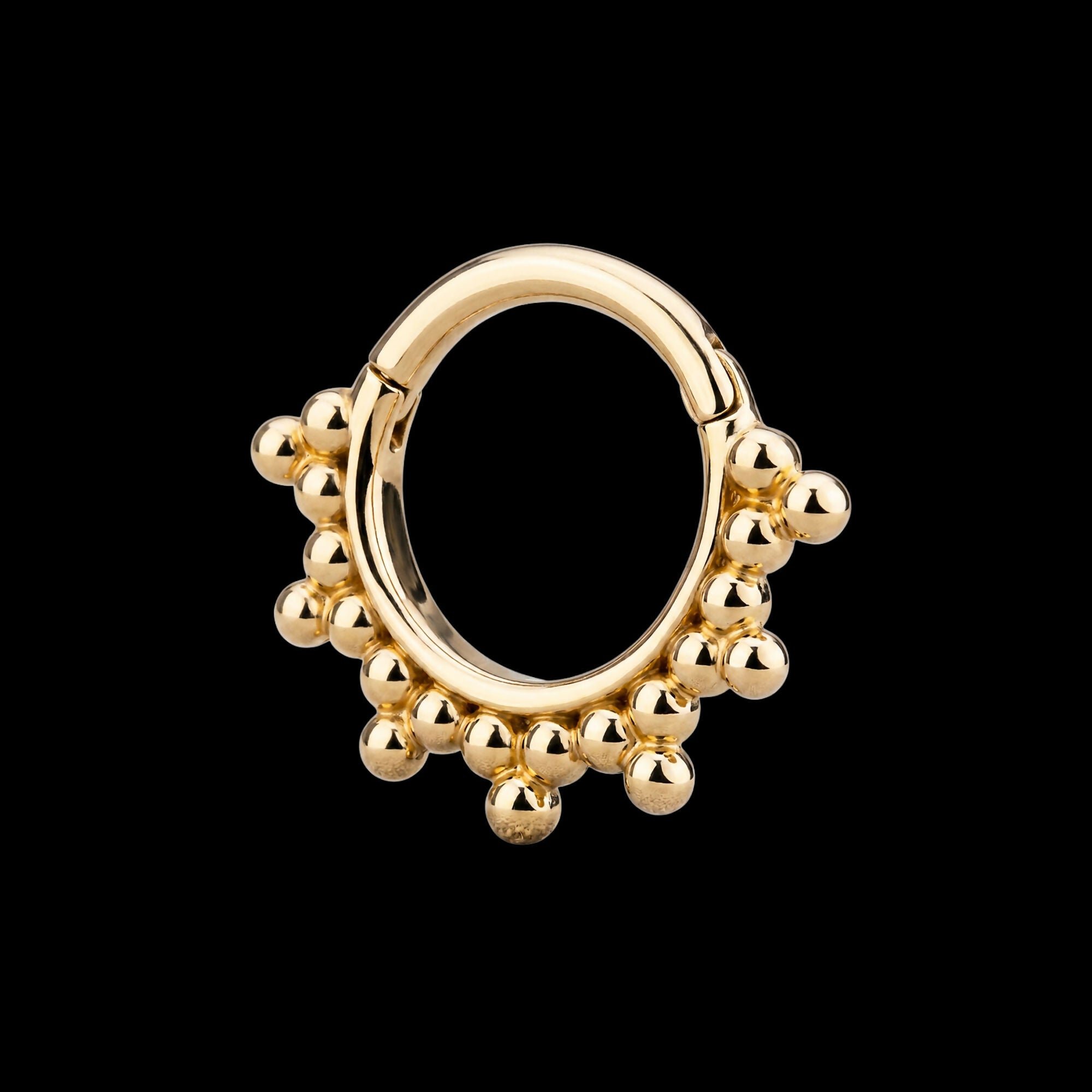 7-Cluster Tri Beads Front Facing Hinged Segment Clicker Hoop Earring / Nosering – 14Kt Yellow Gold
