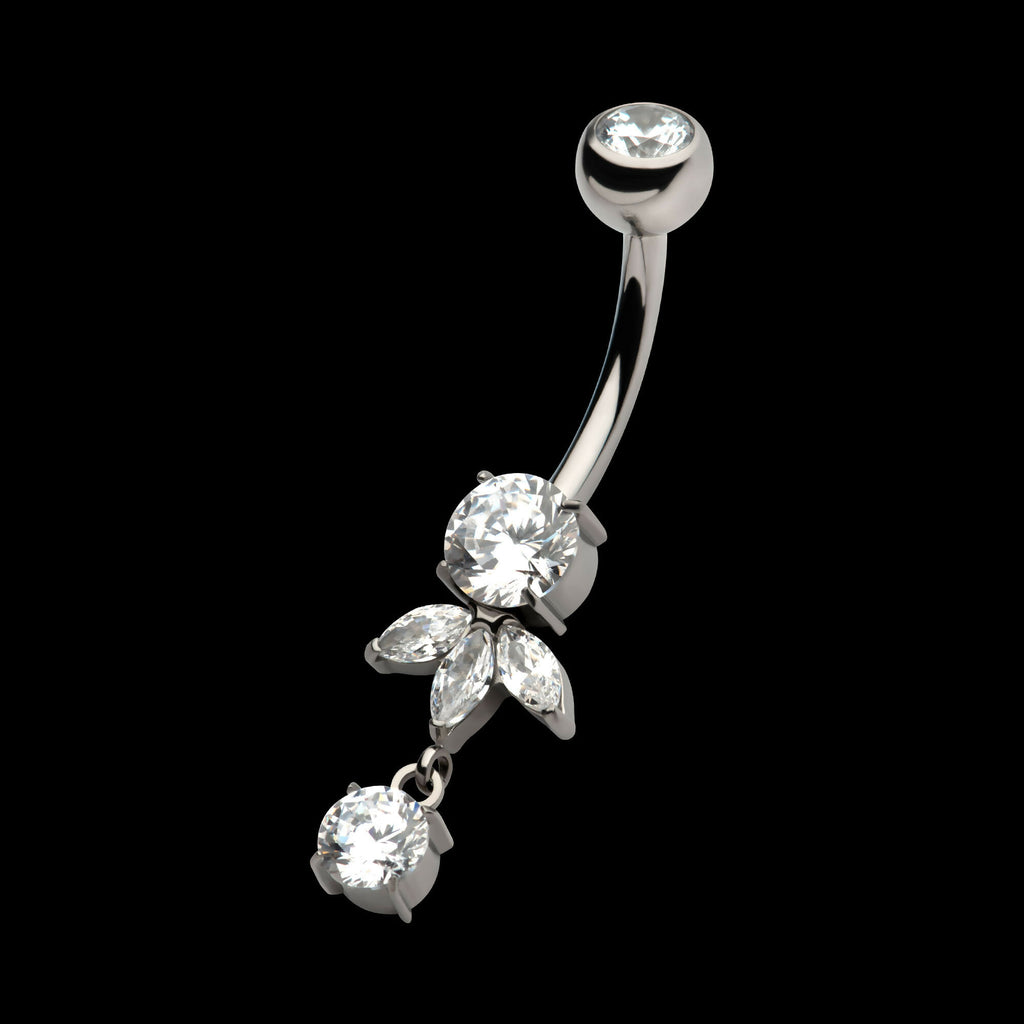 Internally Threaded Prong Set Round and Triple Marquise Gem Fan Navel with Round Gem Dangle Earring / Nosering – Titanium