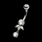 Internally Threaded Prong Set Round and Triple Marquise Gem Fan Navel with Round Gem Dangle Earring / Nosering – Titanium