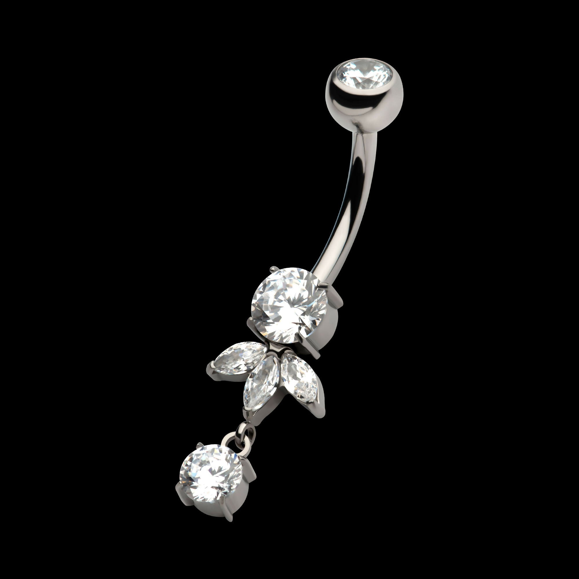 Internally Threaded Prong Set Round and Triple Marquise Gem Fan Navel with Round Gem Dangle Earring / Nosering – Titanium