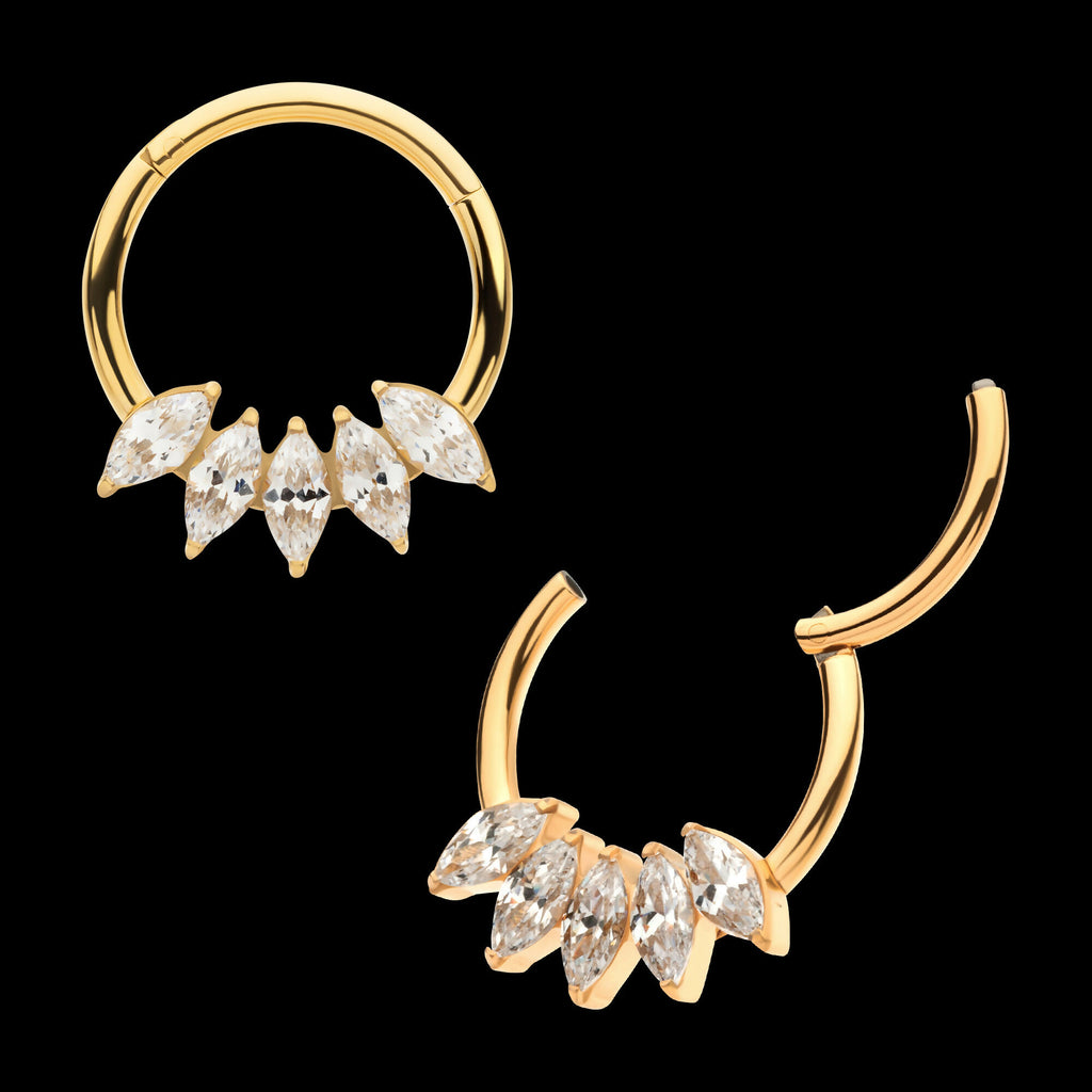 24Kt Gold PVD Titanium 5-Cluster Marquise CZ Front Facing Hinged Segment Clicker Hoop Earring / Nosering