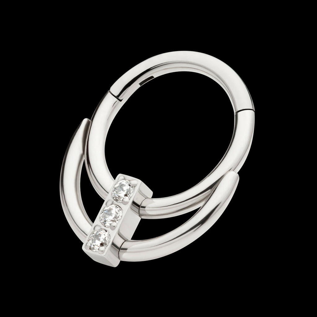 Double Hoop with 3-Cluster CZ Front Facing Hinged Segment Clicker Earring / Nosering – Titanium
