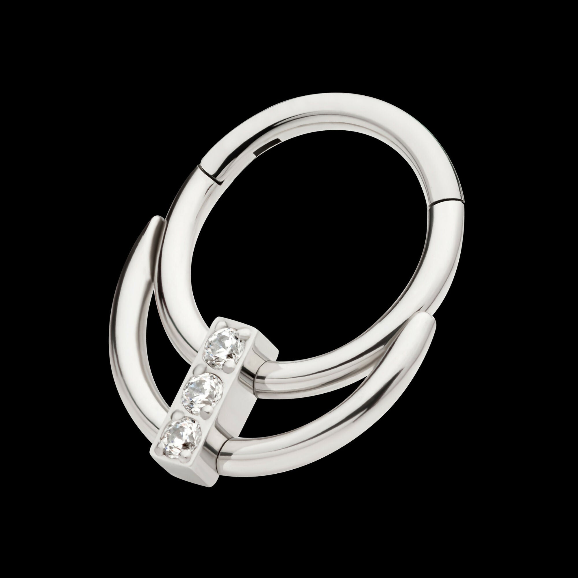 Double Hoop with 3-Cluster CZ Front Facing Hinged Segment Clicker Earring / Nosering – Titanium