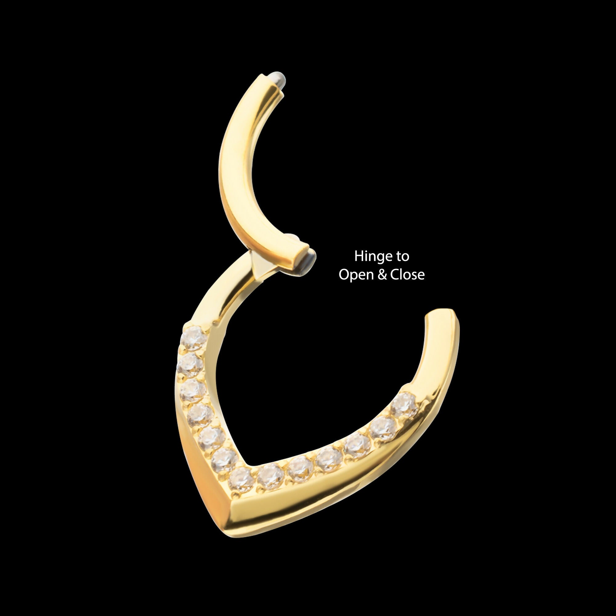 24Kt Gold PVD Titanium Pave Gem V-Shape Front Facing Hinged Segment Clicker Hoop Earring / Nosering