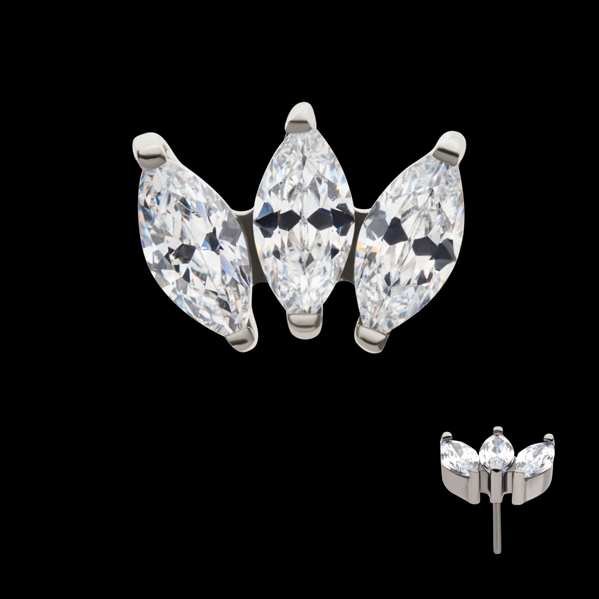 Titanium Threadless with Prong Set Marquise CZ 3-Cluster Top