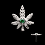 Titanium Threadless Prong Set Emerald Green Gem Pot Leaf Top