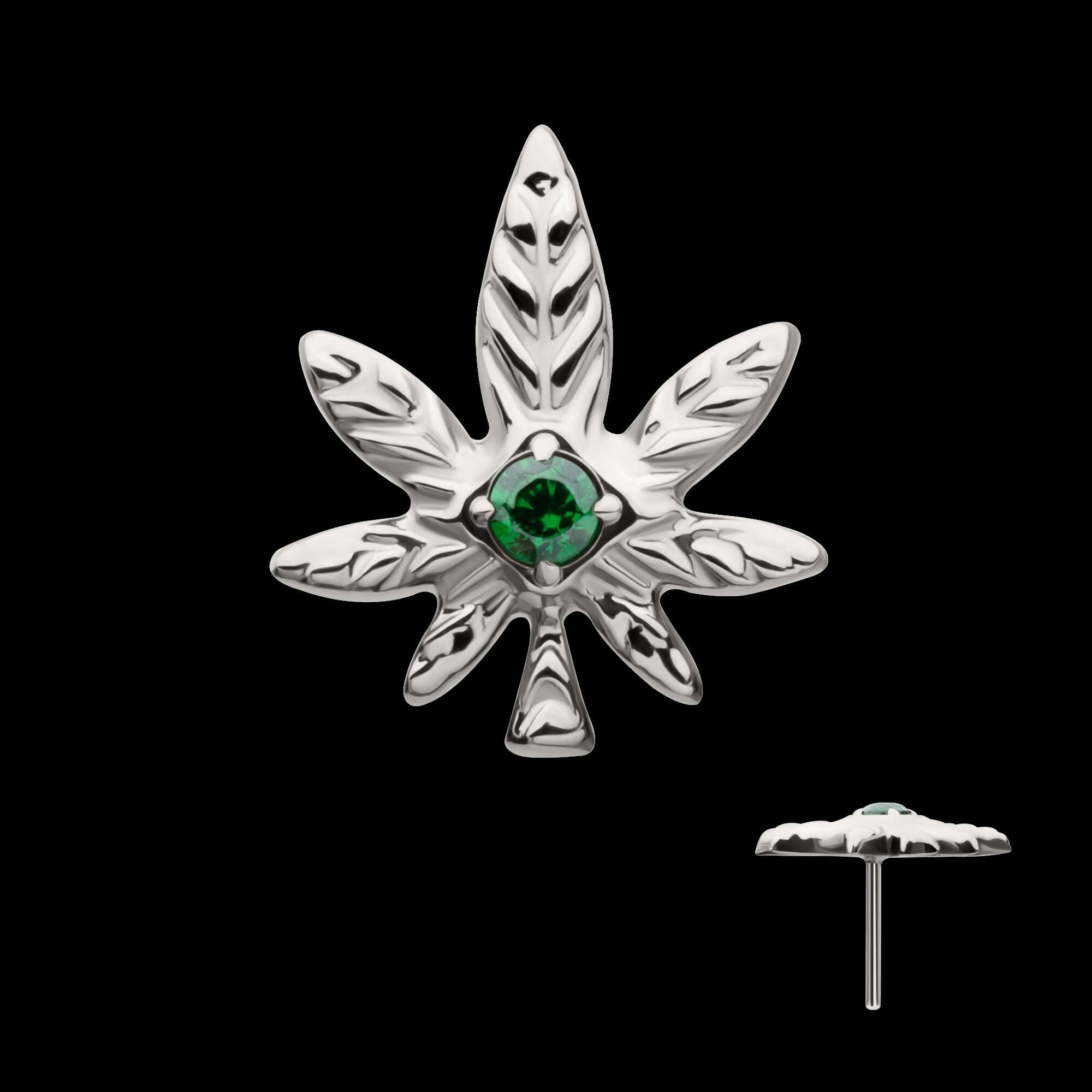 Titanium Threadless Prong Set Emerald Green Gem Pot Leaf Top