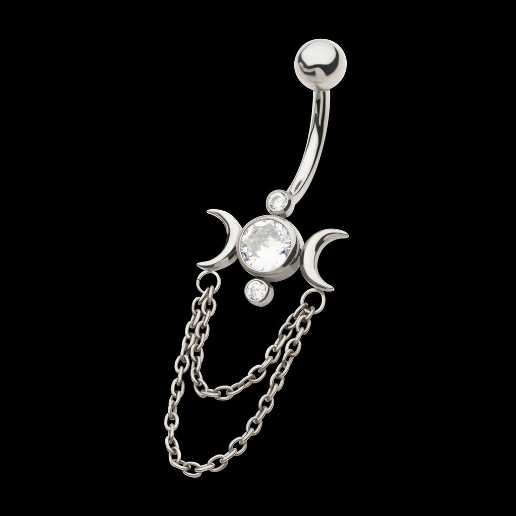 Internally Threaded Bezel Set Round Gem Triple Moon Phase Navel with 2-Tier Chain Dangle Earring / Nosering – Titanium