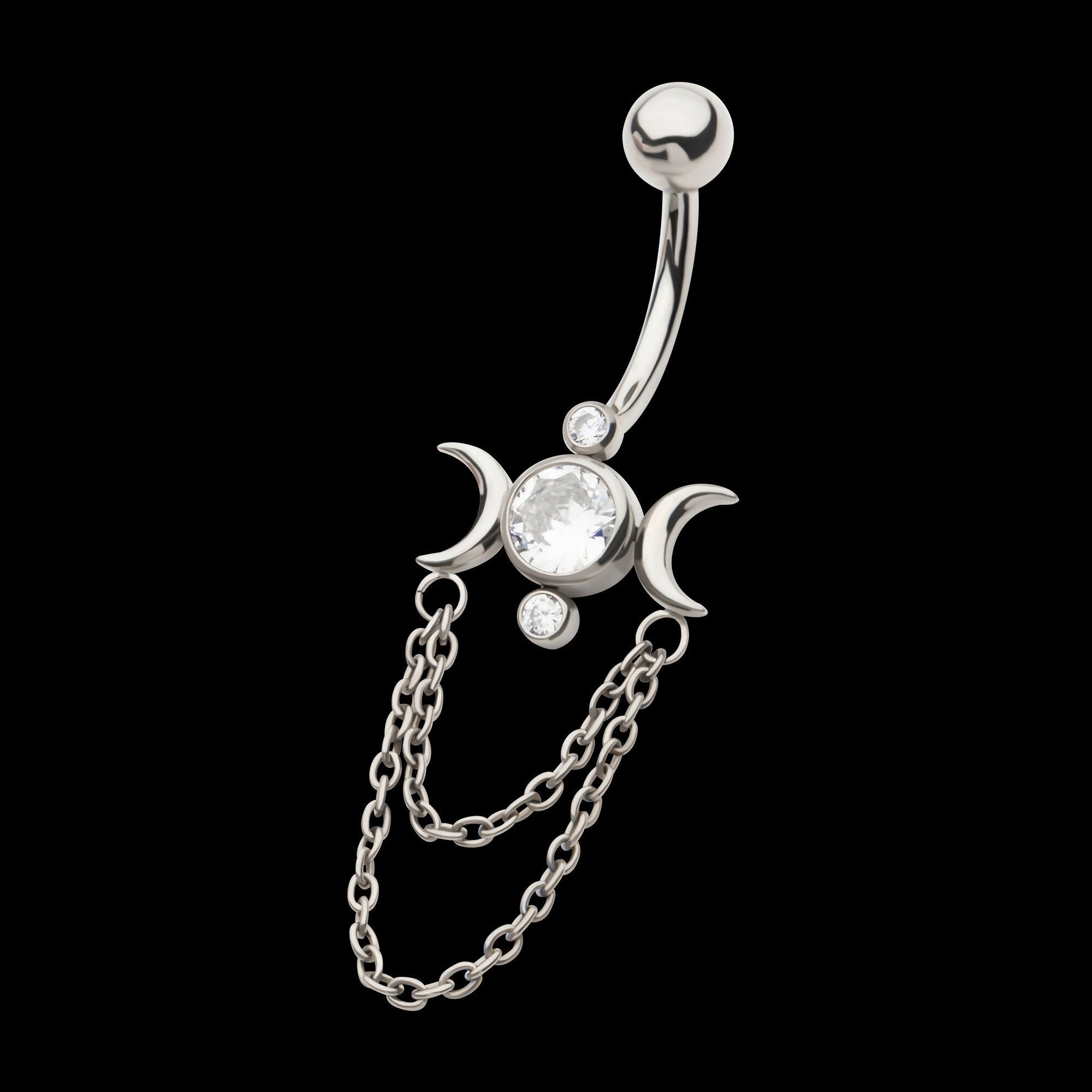 Internally Threaded Bezel Set Round Gem Triple Moon Phase Navel with 2-Tier Chain Dangle Earring / Nosering – Titanium