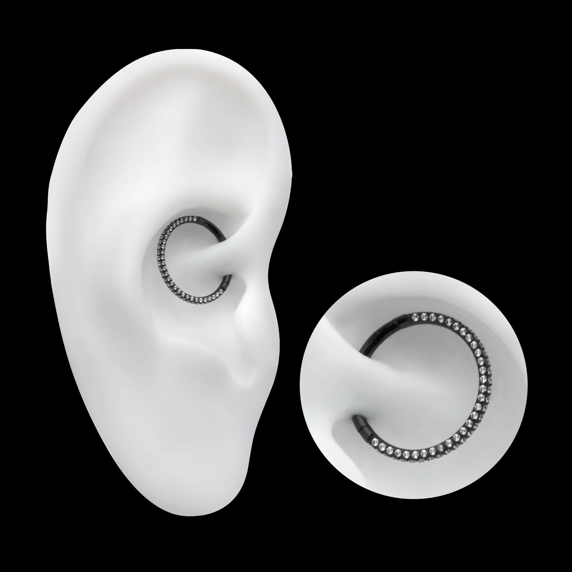 Black PVD Titanium 3 Row Pave Set 0.8mm Round Gem Hinged Segment Clicker Hoop Earring / Nosering