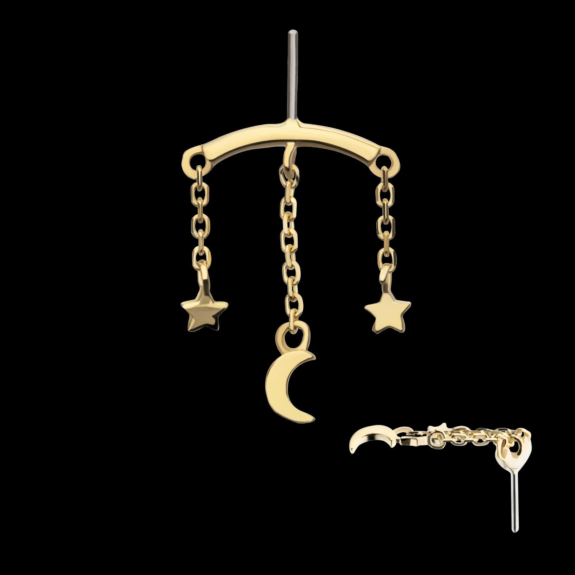 14Kt Yellow Gold Threadless Hidden Helix Curved Bar Top with Crescent Moon and Stars Chain Dangle