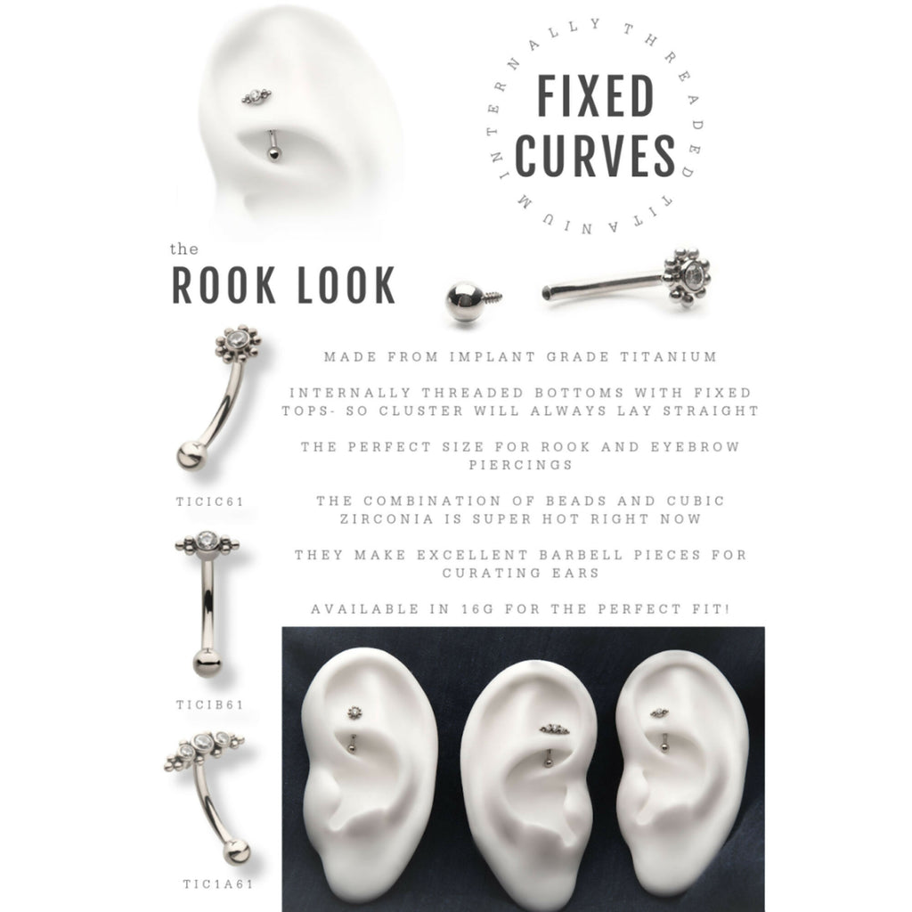 Internally Threaded with Beaded Bezel Set CZ Flower Fixed Top Curved Barbell Earring / Nosering – Titanium