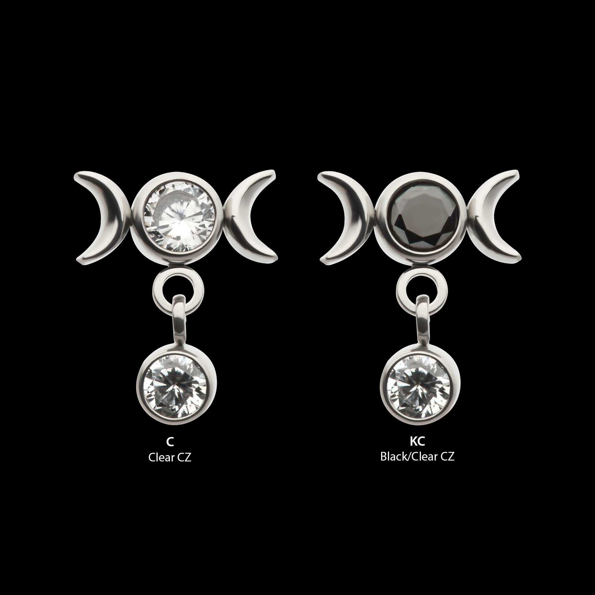Titanium Threadless Dangle Bezel Round CZ Triple Moon Phase Gem Top
