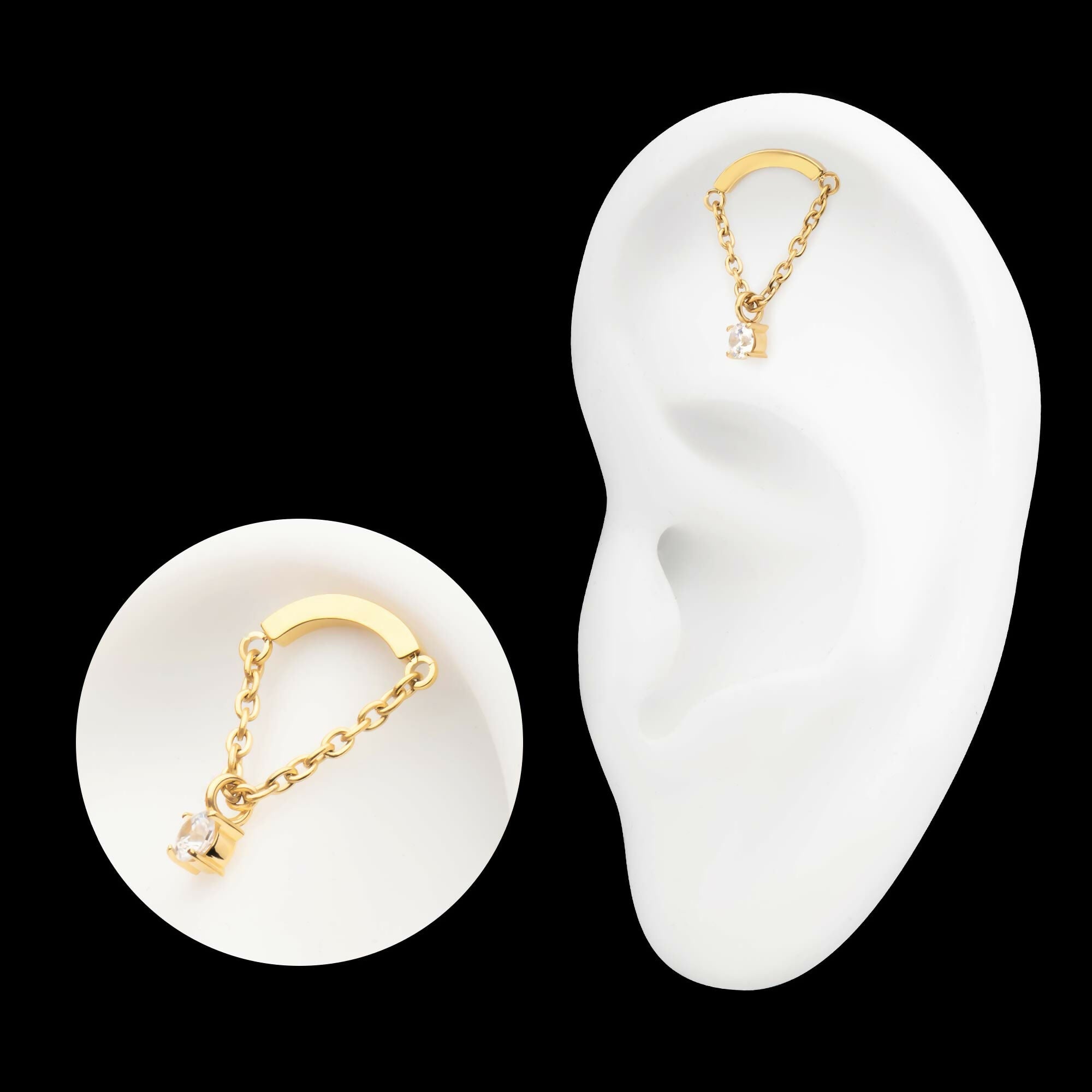 24Kt Gold PVD Titanium Threadless Curved Bar Top with Prong Set Gem Chain Dangle