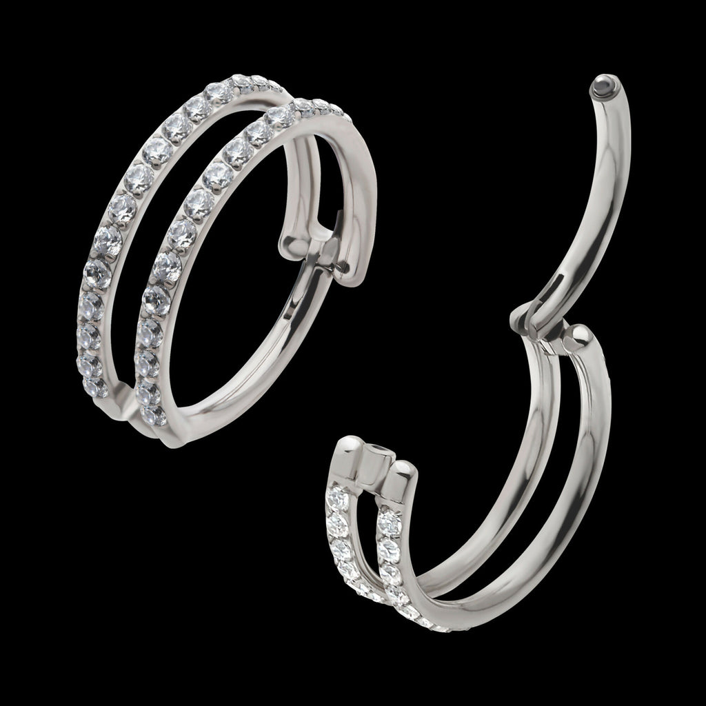 Double Row Full Clear CZ Side Facing Hinged Segment Clicker Hoop Earring / Nosering – Titanium