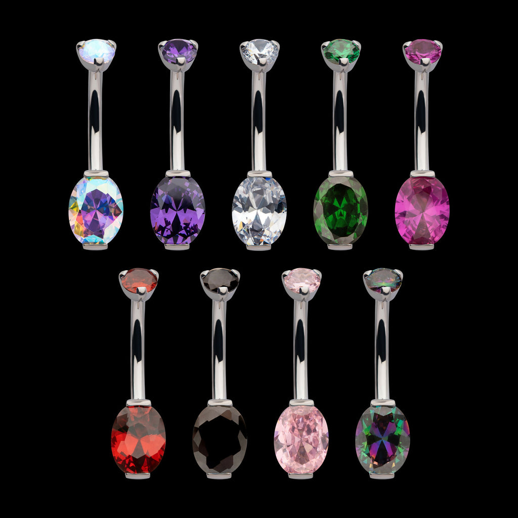 Internally Threaded Double Gem with Prong Set Oval Fixed Bottom Navel Earring / Nosering – Titanium