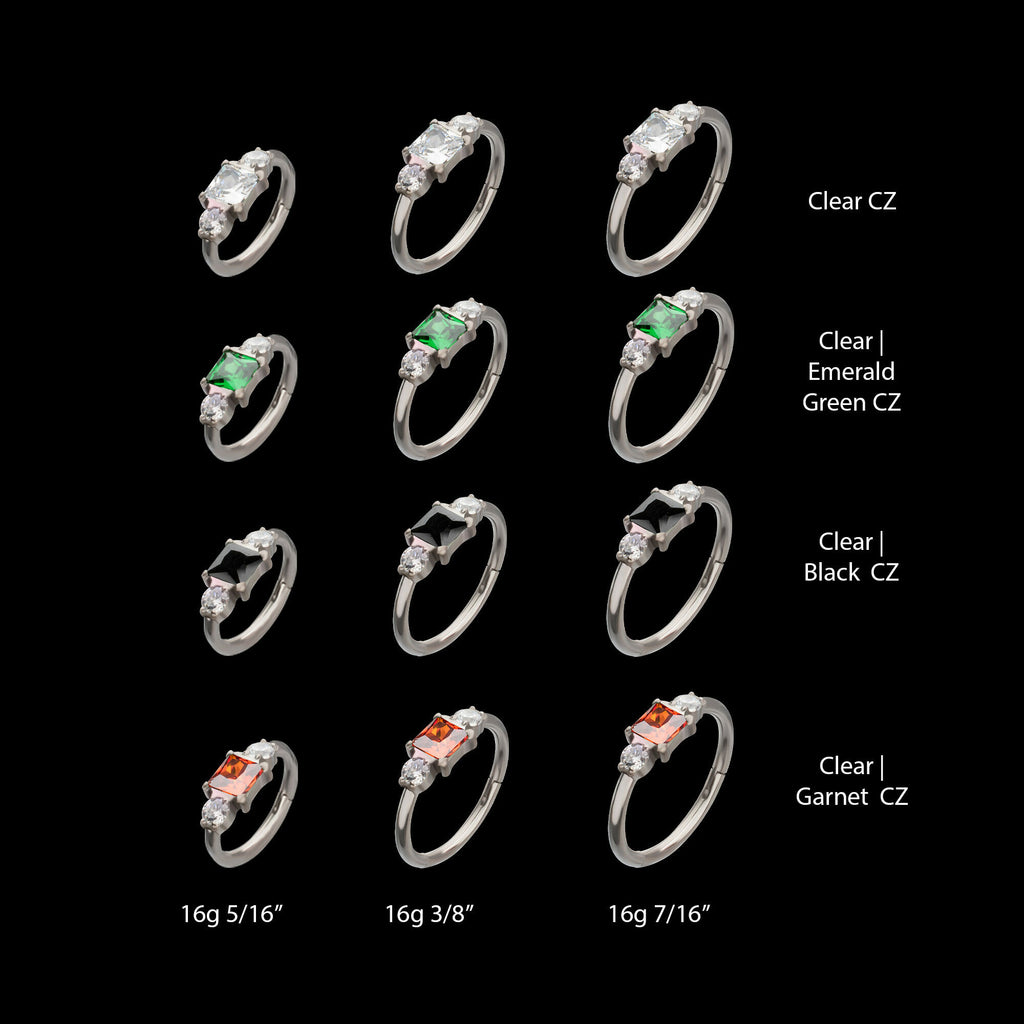 Linear Princess & Round Trio Gem Side Facing Hinged Segment Clickers Hoop Earring / Nosering – Titanium