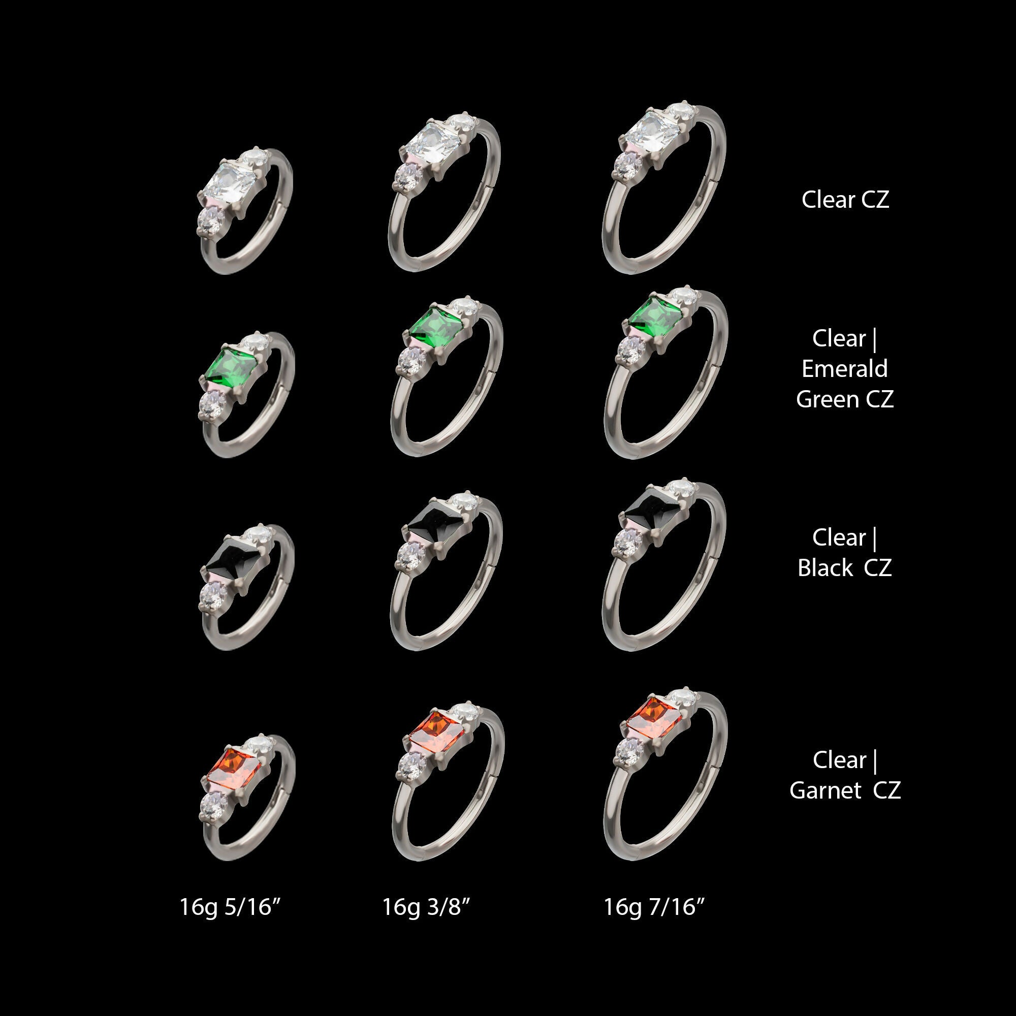 Linear Princess & Round Trio Gem Side Facing Hinged Segment Clickers Hoop Earring / Nosering – Titanium