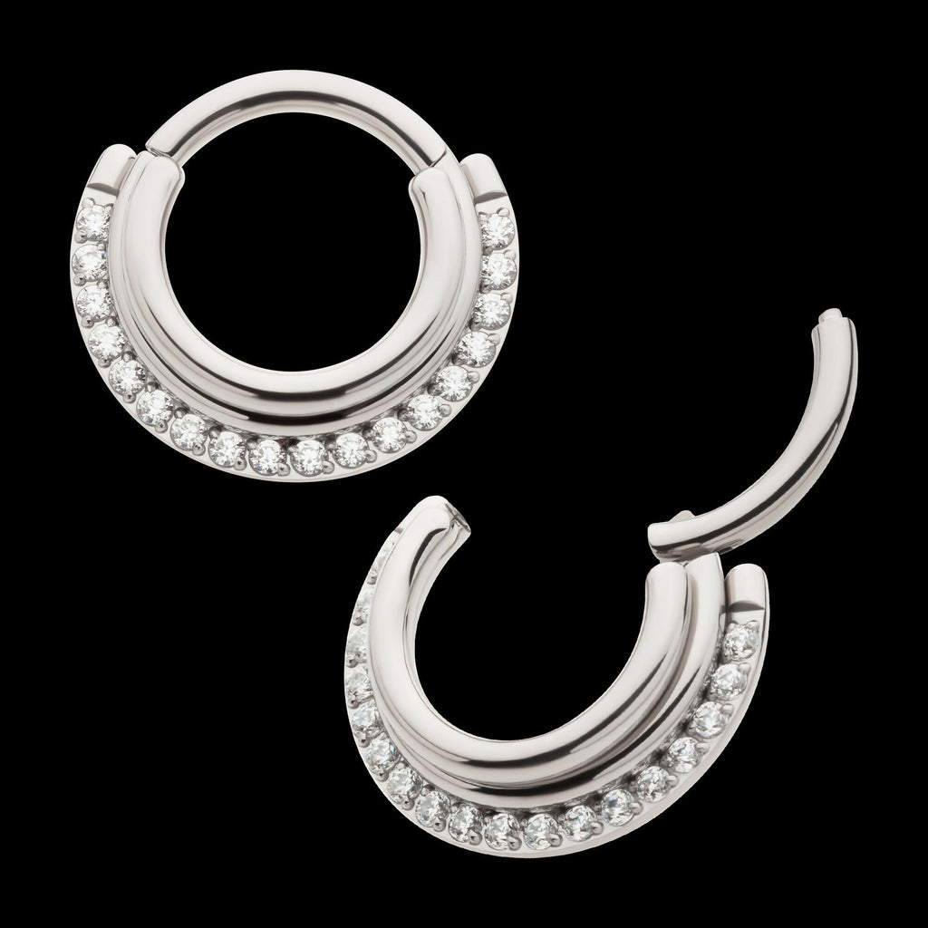 Triple Stacked Front Facing Hinged Segment Clicker with CNC Set 1mm Full Clear CZ Hoop Earring / Nosering – Titanium