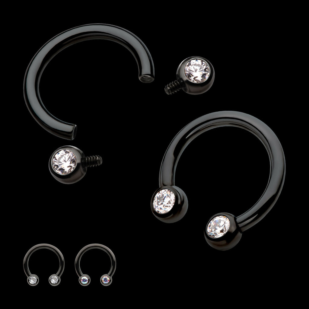 Black PVD Titanium Internally Threaded Forward Facing Bezel Set Round Gem Circular Barbell Earring / Nosering