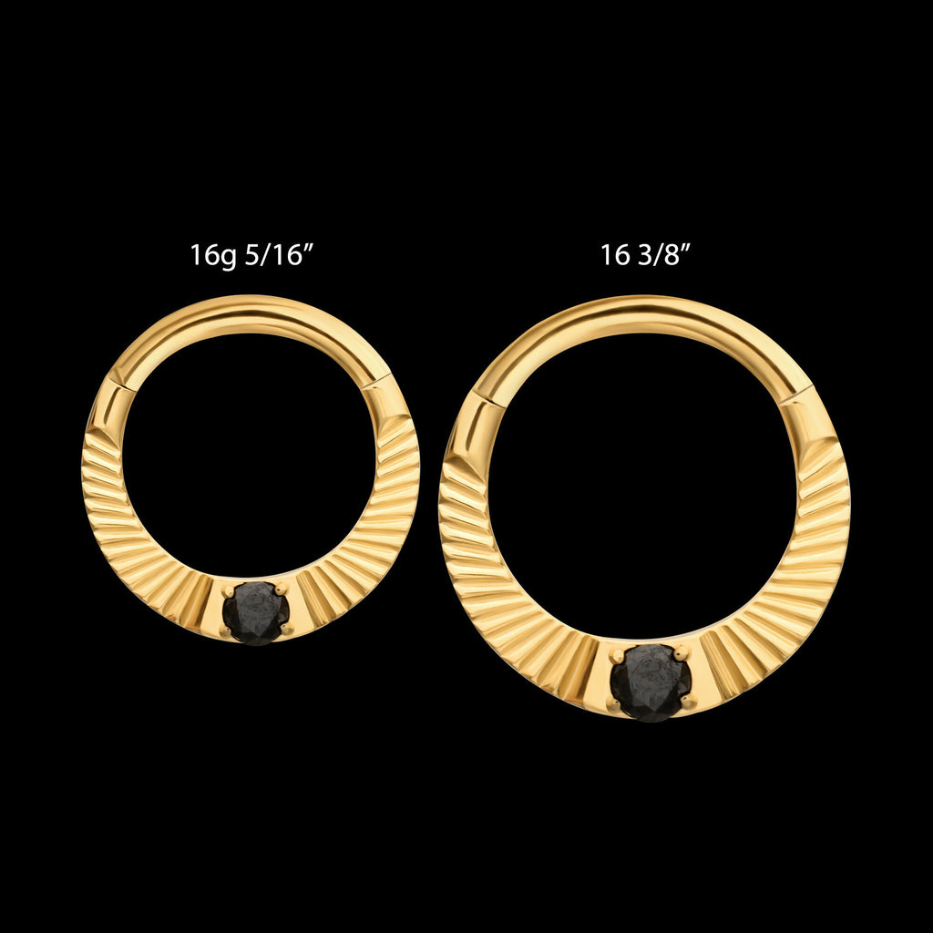 24Kt Gold PVD Titanium Radiant Hoop with Black Prong Set Gem Front Facing Hinged Segment Clicker Earring / Nosering
