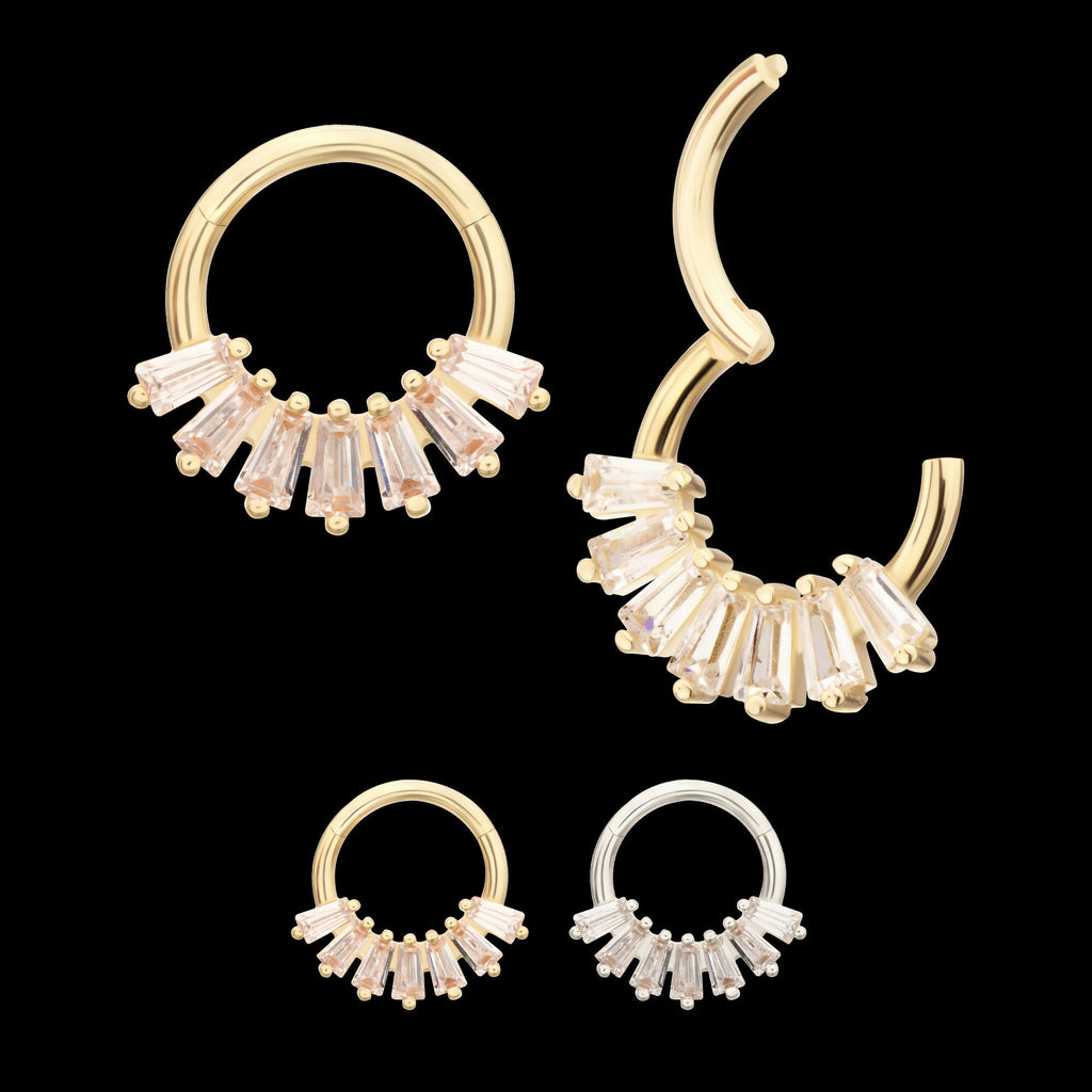7-Cluster Baguette Prong Gem Front Facing Hinged Segment Clicker Hoop Earring / Nosering – 14Kt Gold