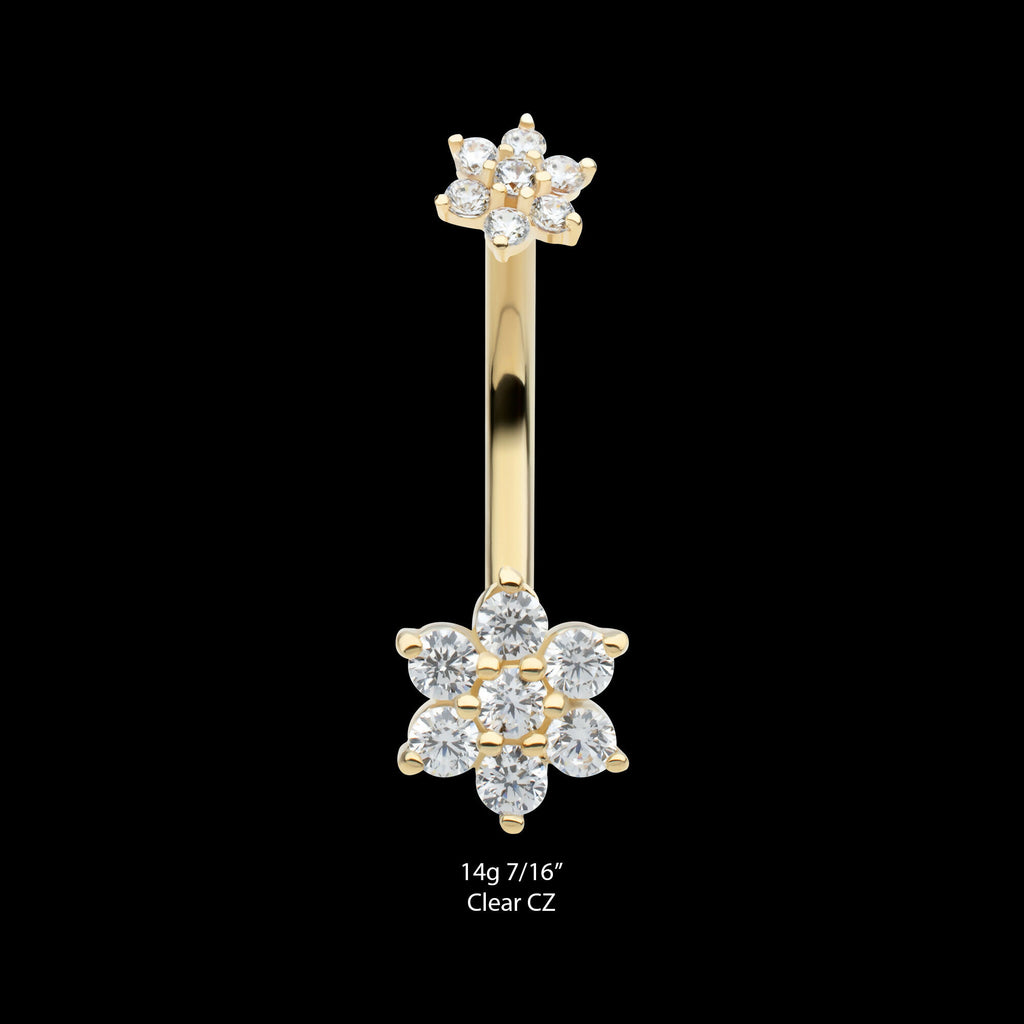 Internally Threaded Pronged Round Clear CZ Double Flower Shape Fixed Bottom Navel Earring / Nosering – 14Kt Yellow Gold