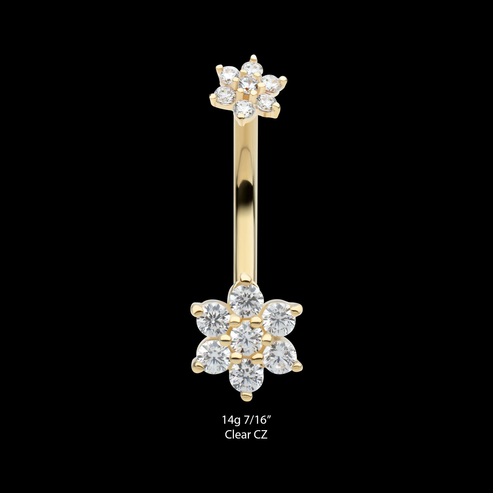 Internally Threaded Pronged Round Clear CZ Double Flower Shape Fixed Bottom Navel Earring / Nosering – 14Kt Yellow Gold